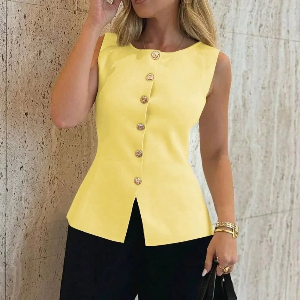 Yellow Casual Women's Metal Button Open Front Sleeveless Jacket - Picture 4 of 8